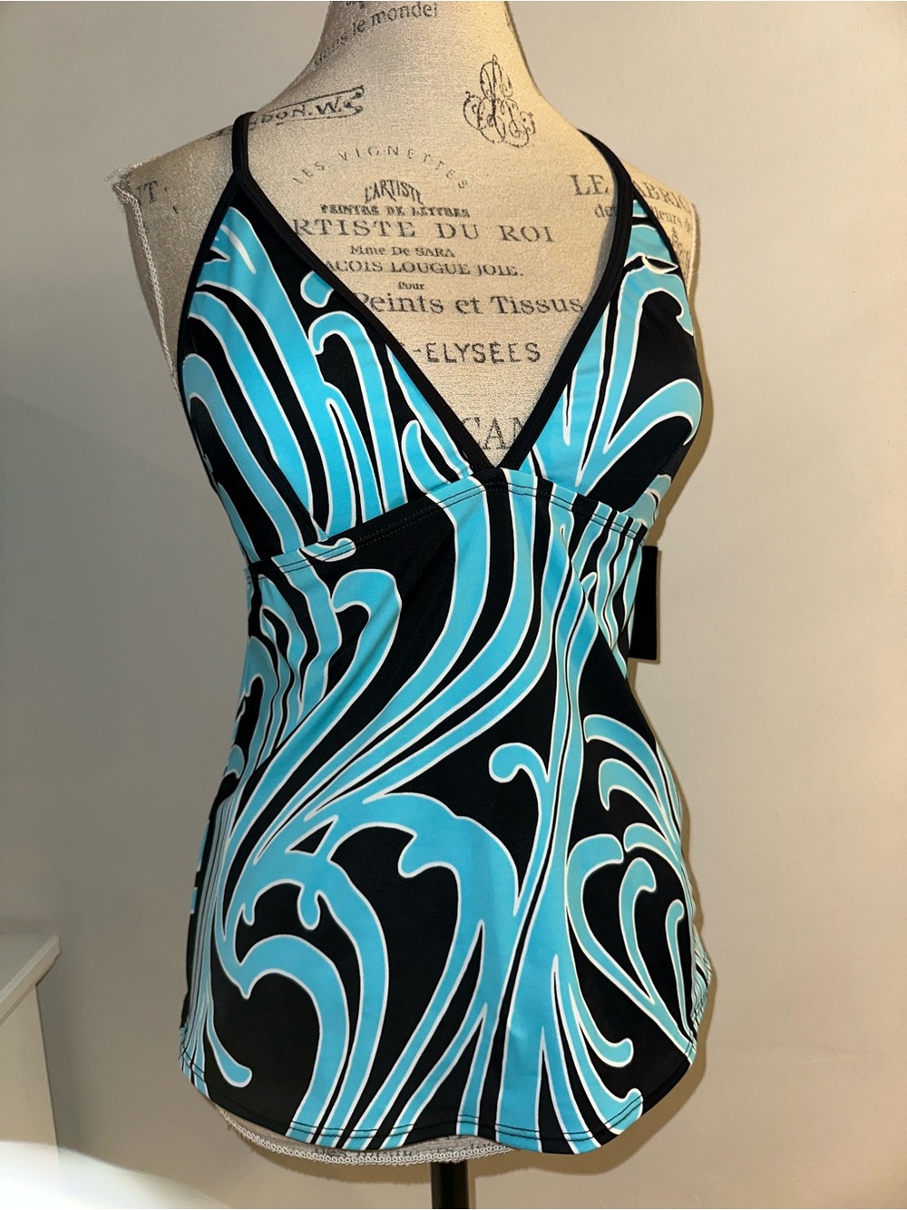 NEW Nike Swim Ladies Tankini Top Aqua Black White Abstract Racerback 12 NWT